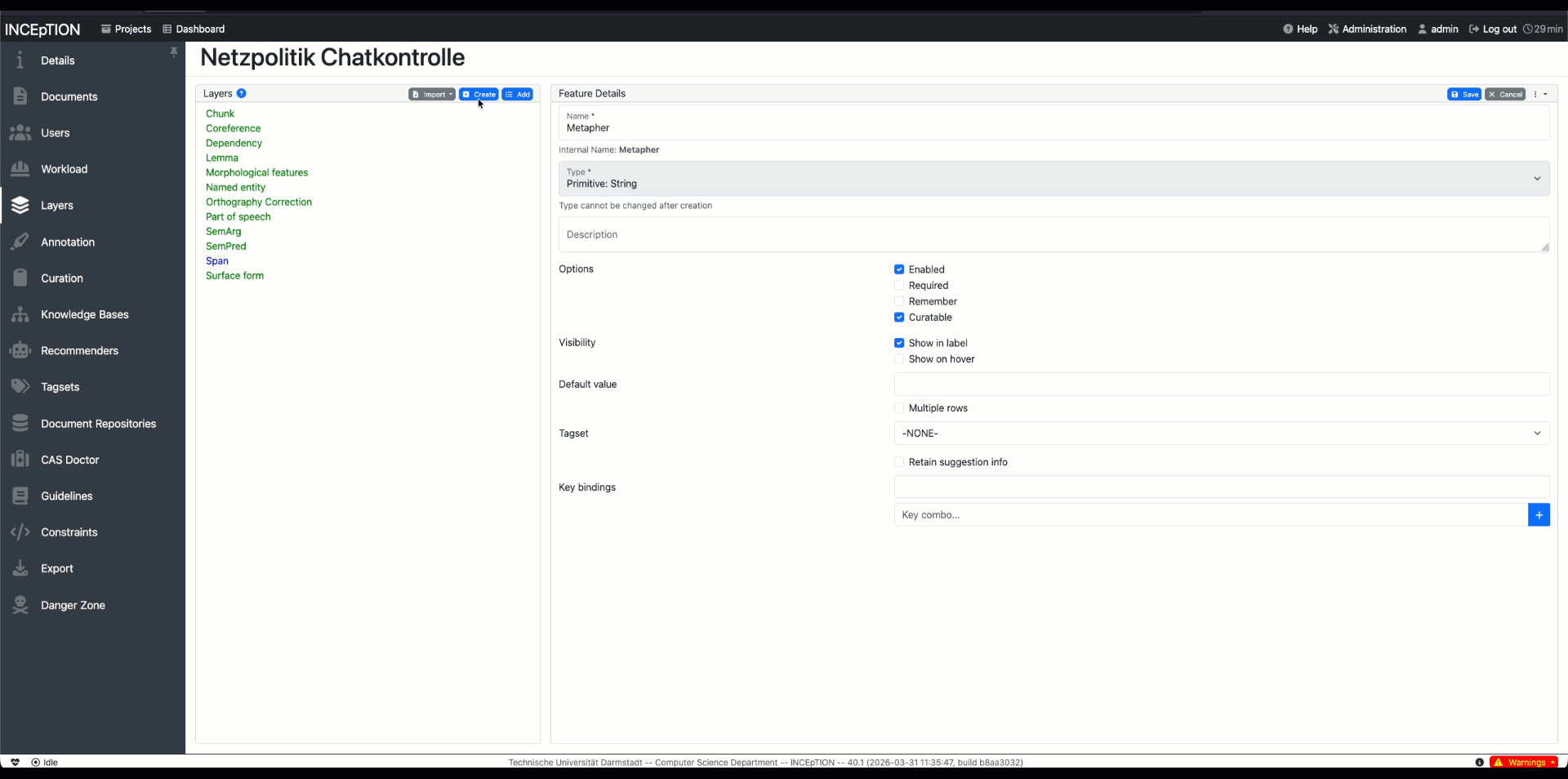 Der Screencast zeigt, wie in INCEpTION ein neuer Annotationslayer erstellt wird.