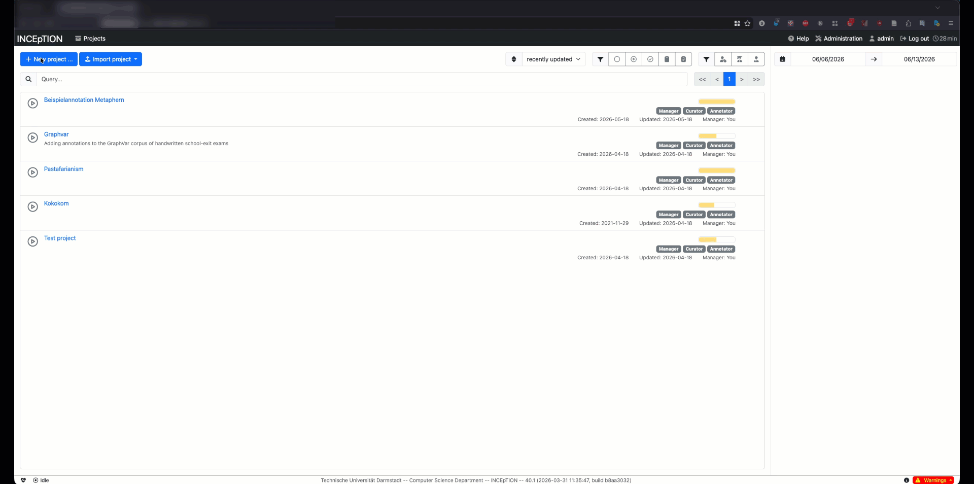 Der Screencast zeigt, wie man in INCEpTION ein neues Projekt erstellt und Daten importiert.