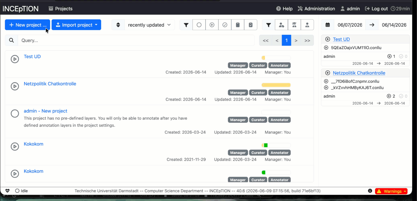 Der Screencast zeigt, wie in INCEpTION ein neues Projekt erstellt wird und dann CoNLL-U-Dateien eingelesen werden