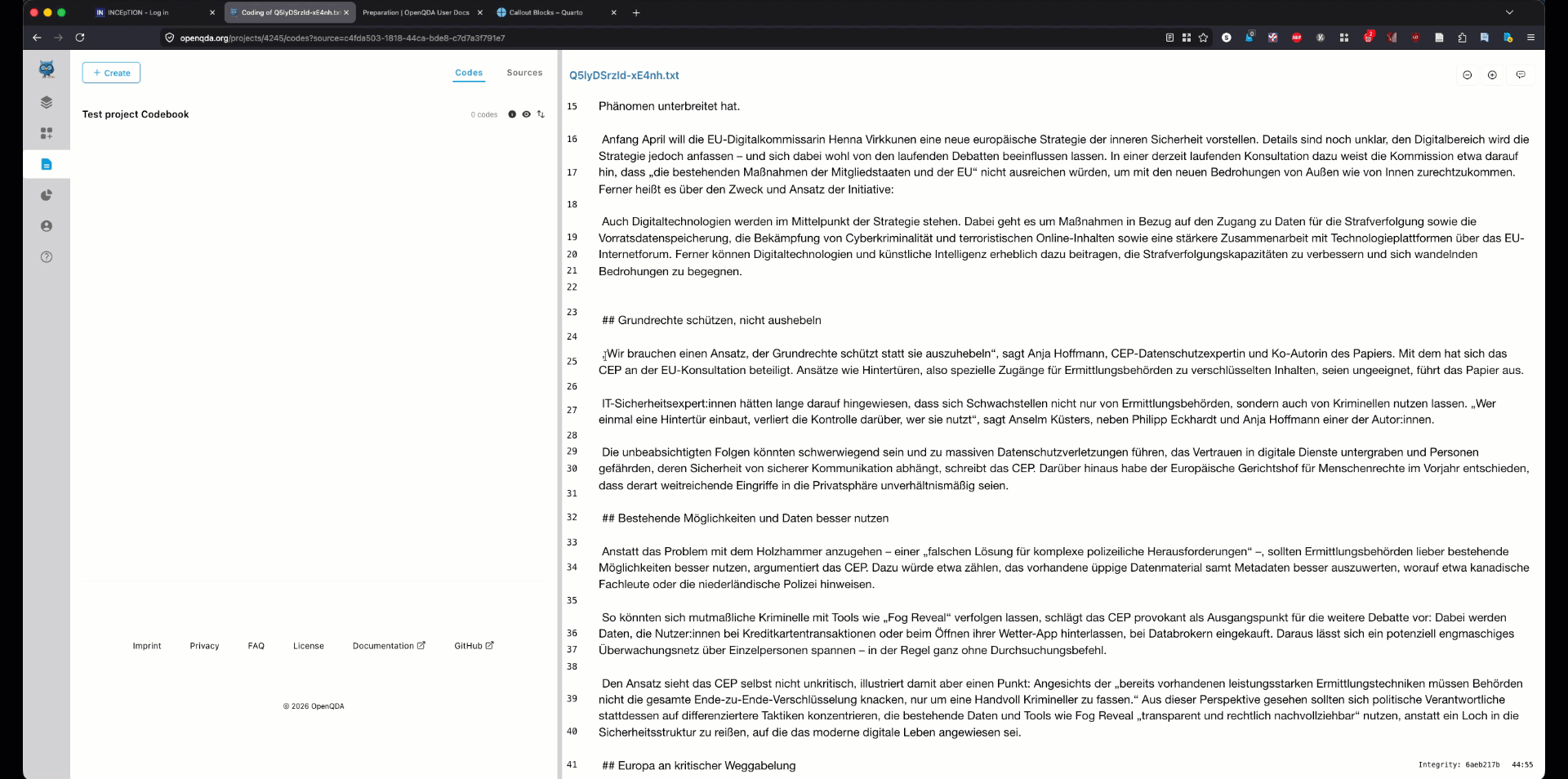 Der Screencast zeigt einen Annotationsvorgang in OpenQDA
