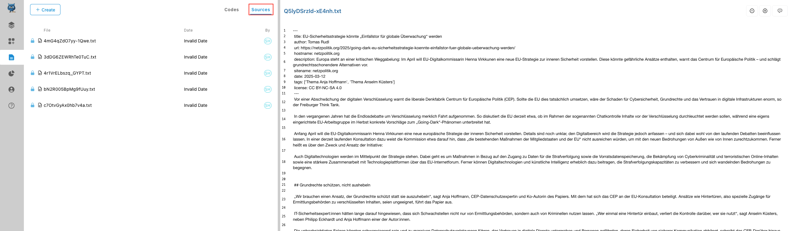 Coding-Ansicht von OpenQDA