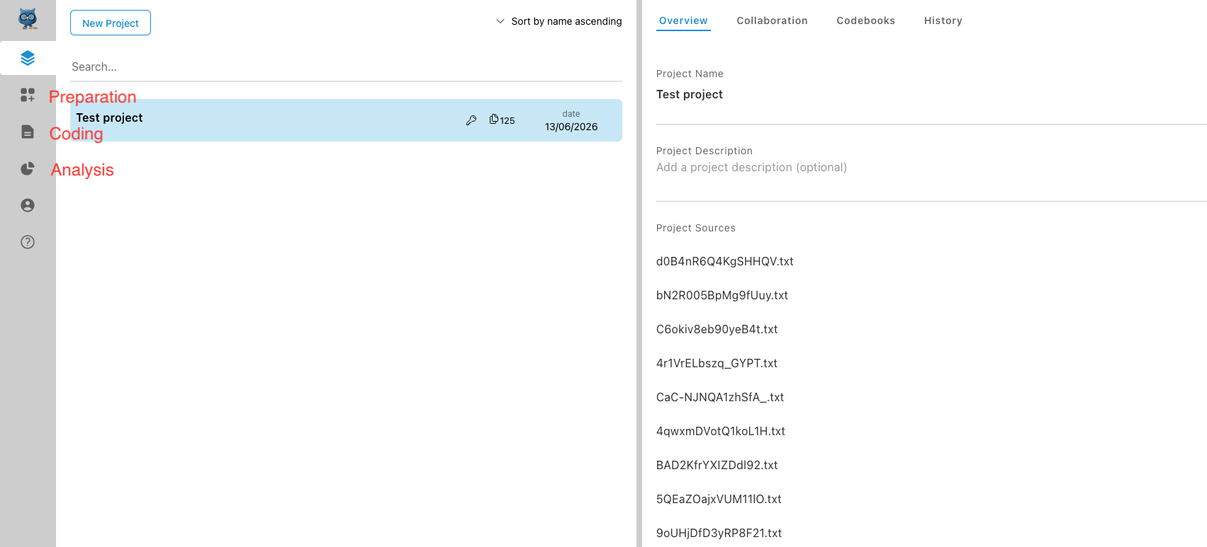 Sidebar von OpenQDA mit den Optionen Preparation, Coding, Analysis