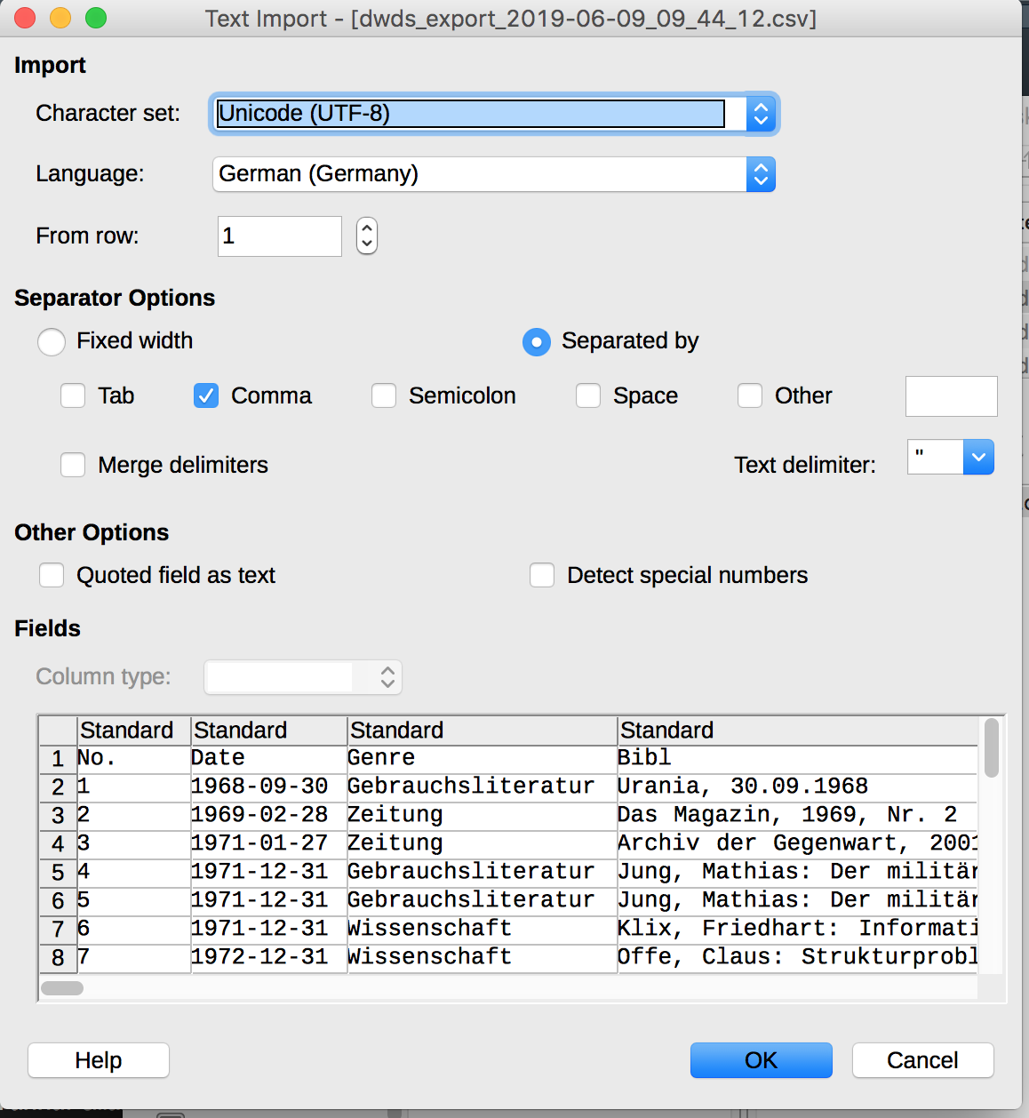 Screenshot des Import-Fensters von Calc