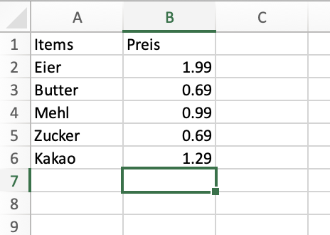 Einkaufszettel mit Zusatzspalte für den Preis