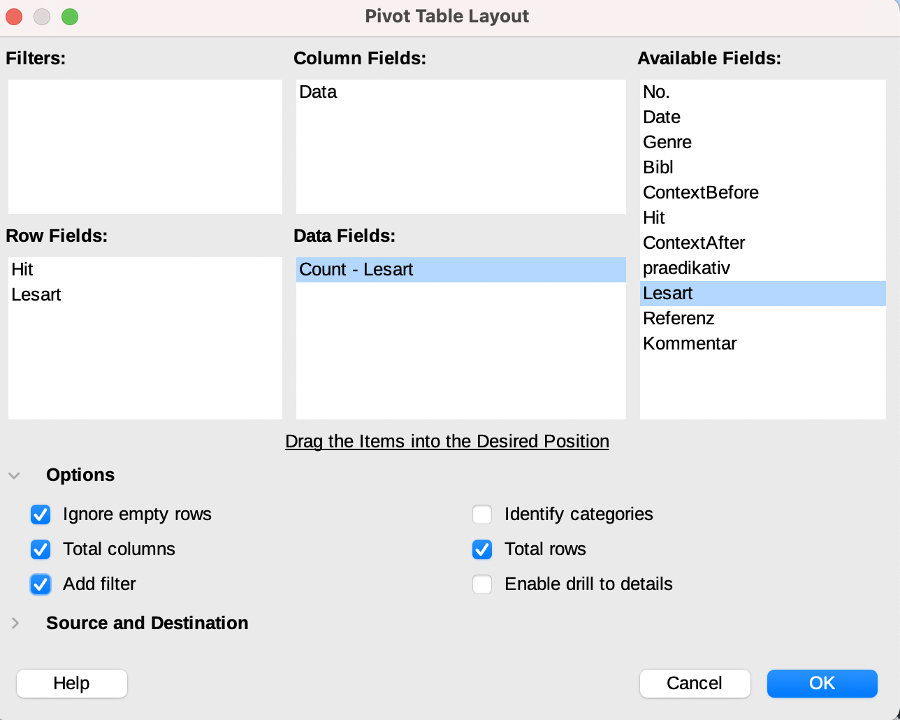 Layout-Fenster für Pivot-Tabellen in Calc